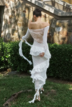 Vestido de noche elegante de gasa con encaje y volantes, vestido de novia blanco Y8082