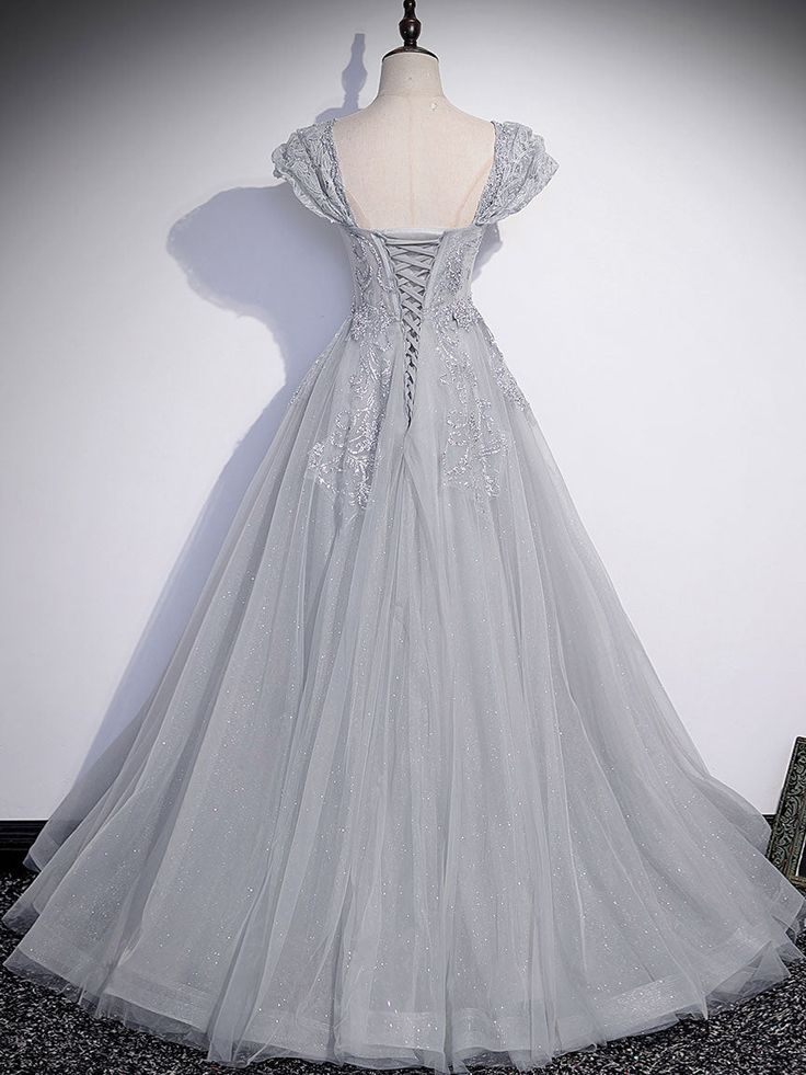 A-Linie Grau Tüll Pailletten Langes Ballkleid Grau Formales Abendkleid Y4733