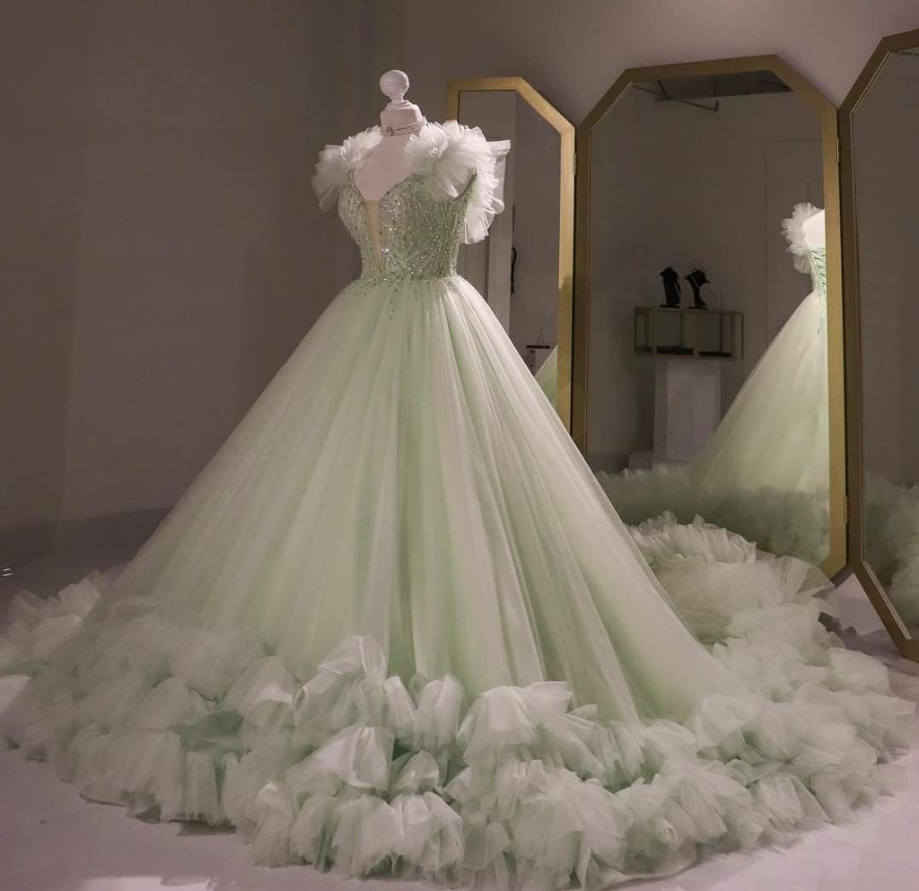 Vestido de fiesta de tul verde salvia, vestido de quinceañera verde salvia Y2335