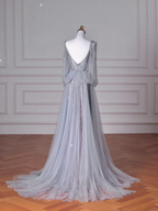 Vestido de fiesta elegante de tul azul con escote en V, lentejuelas y cuentas, corte A, sin espalda, Y8644
