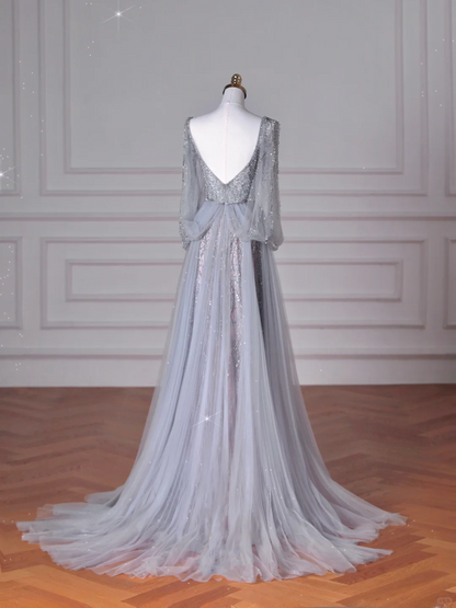 Vestido de fiesta elegante de tul azul con escote en V, lentejuelas y cuentas, corte A, sin espalda, Y8644