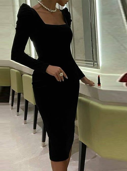 Etuikleid, Säule, elegant, sexy, Cocktailpartykleid, quadratischer Ausschnitt, lange Ärmel, knielang, kurzes Ballkleid Y4194