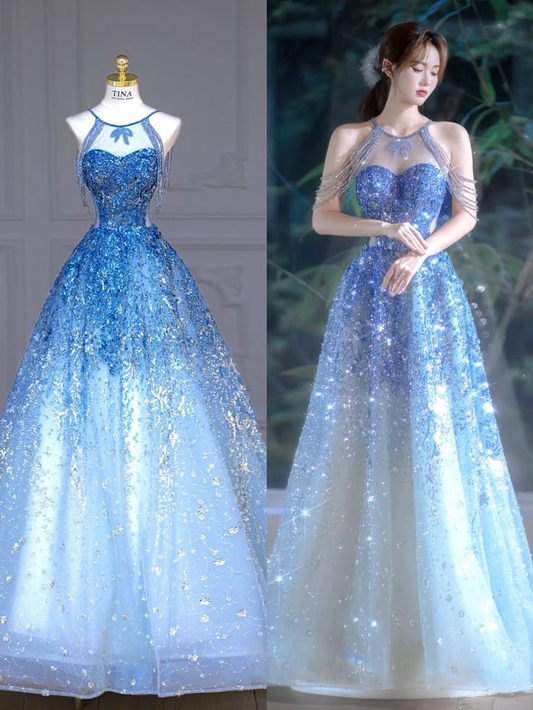 Hermoso vestido de noche de tul azul con lentejuelas y cuentas, vestido de fiesta formal brillante Y8352