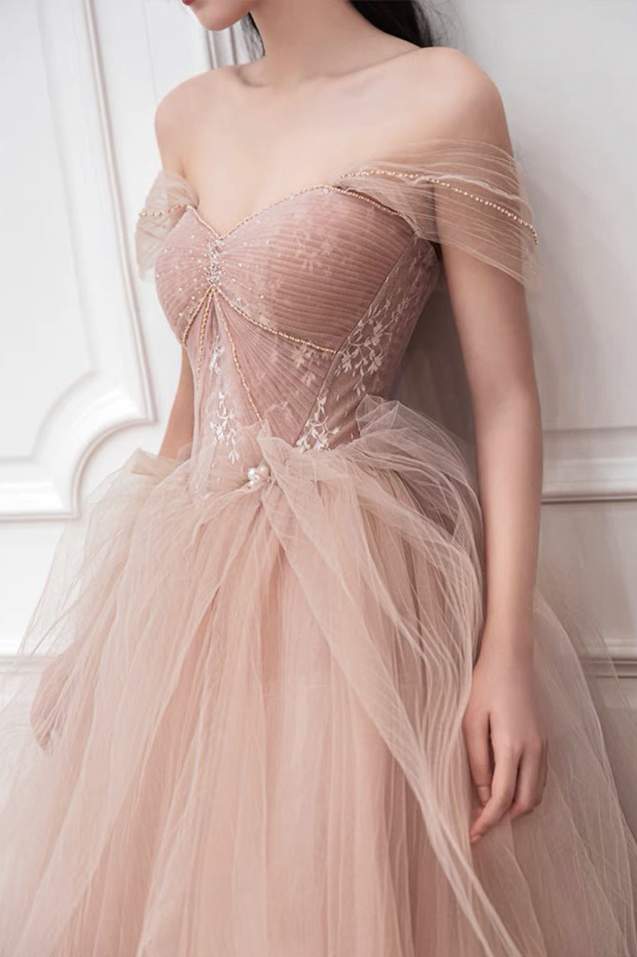 Rosa Tüll Langes Ballkleid Rosa Abendkleid Y1825