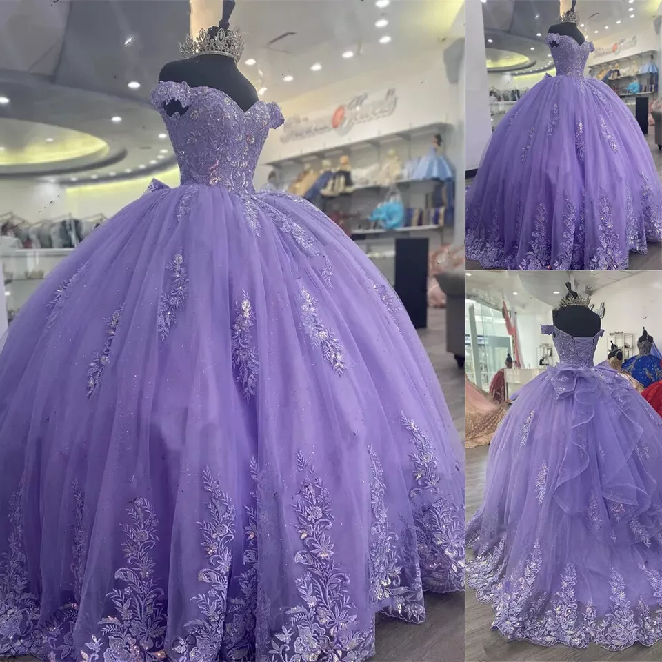 Lila Korsett mexikanisches Quinceanera-Kleid Ballkleid, Applikationen Spitze Geburtstagskleid Y1476