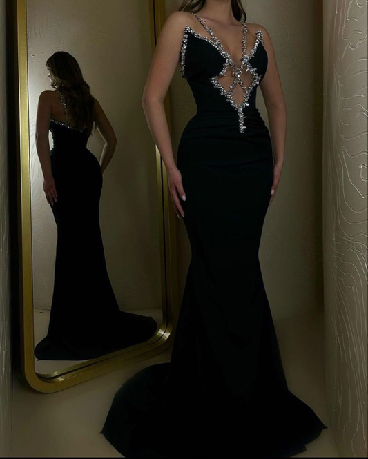Schwarzes Meerjungfrau-Ballkleid, lang, schwarzes Abendkleid Y2858
