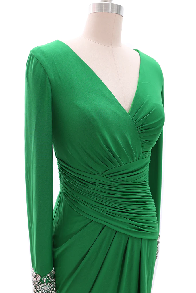 Langes Abendkleid für die Brautmutter für Damen, langärmelig, mit V-Ausschnitt, Y785