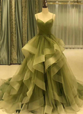Grüne Träger Sweetheart Tüll Langes Abendkleid, Grünes Lagen Tüll Ballkleid Y987