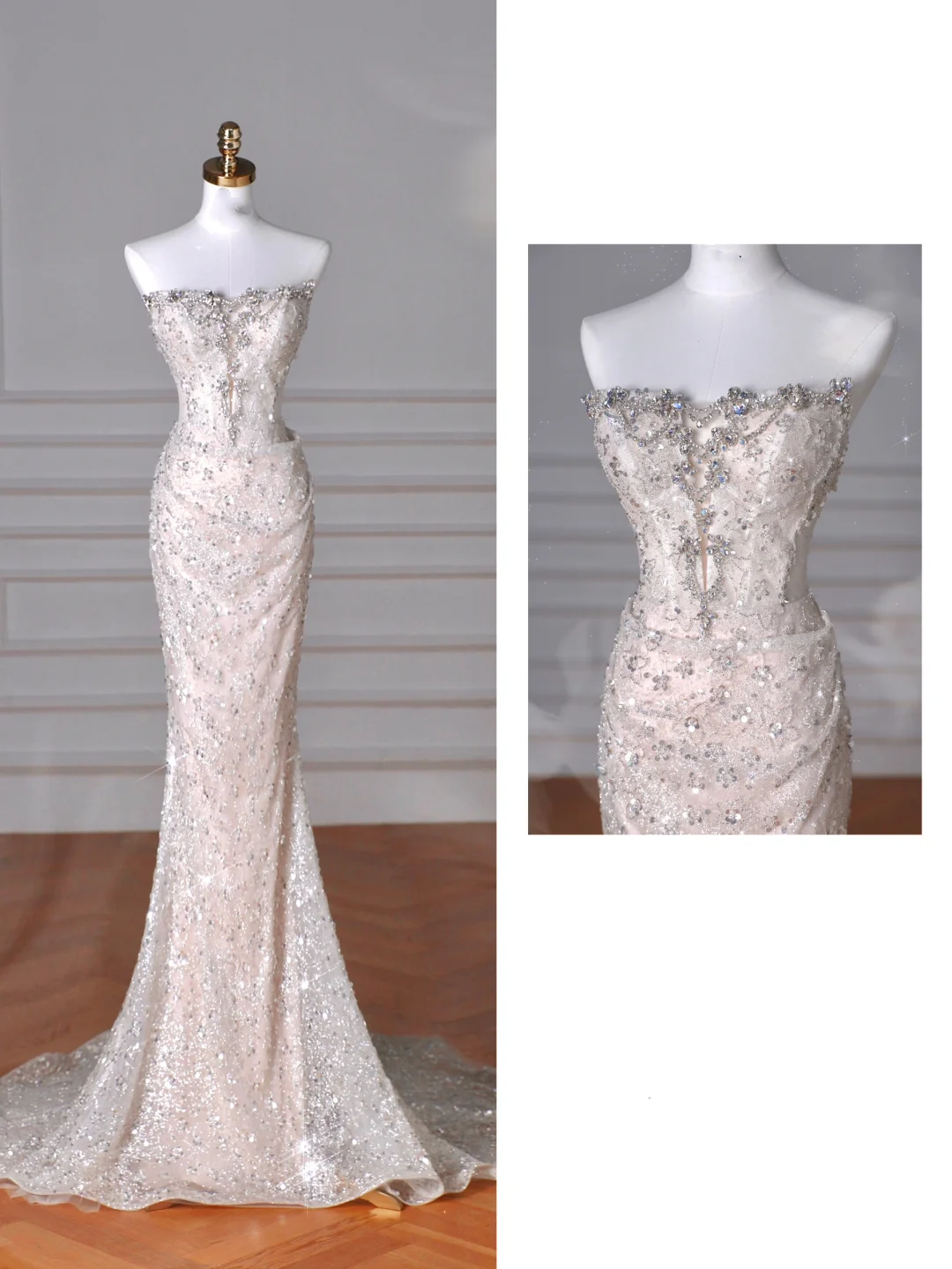 Glitzerndes trägerloses Tüll-Pailletten-Meerjungfrauen-Ballkleid, langes Abendkleid Y8616