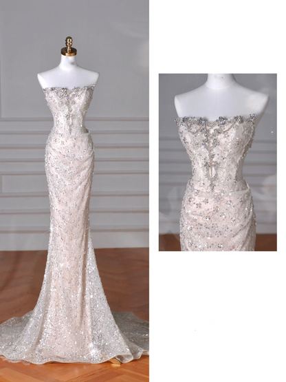 Glitzerndes trägerloses Tüll-Pailletten-Meerjungfrauen-Ballkleid, langes Abendkleid Y8616