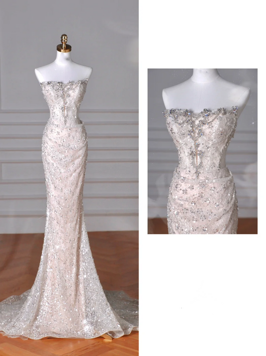 Glitzerndes trägerloses Tüll-Pailletten-Meerjungfrauen-Ballkleid, langes Abendkleid Y8616
