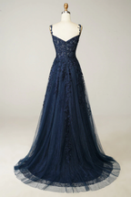 Vestido de fiesta azul marino de corte A con tul y encaje Y382