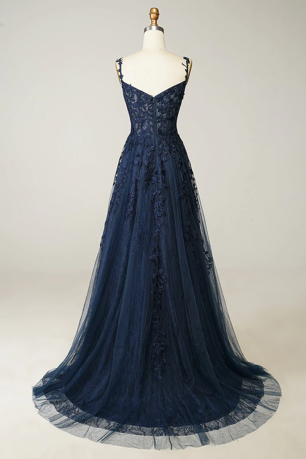 A-Linie Marineblaues Ballkleid Spitze Tüll Abendkleid Y382
