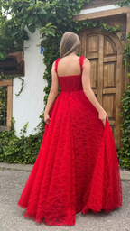 Elegante vestido de fiesta de encaje rojo con escote corazón, abertura lateral, cintura alta, corte A, vestido formal de noche para boda Y4909