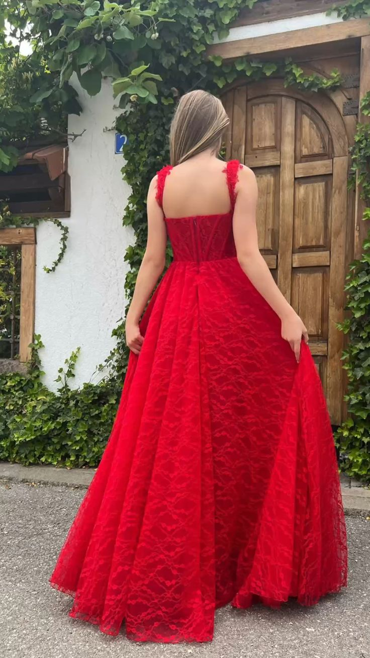Elegante vestido de fiesta de encaje rojo con escote corazón, abertura lateral, cintura alta, corte A, vestido formal de noche para boda Y4909