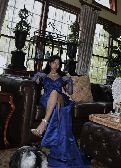 Elegante vestido de noche largo de satén azul, vestido de desfile Y2621
