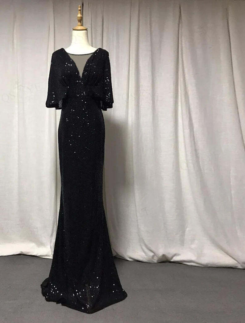 Vestido de noche sexy de sirena con escote en V y mangas cortas, elegante vestido de fiesta formal con mangas murciélago y purpurina Y1390