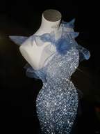 Wunderschönes blaues Tüll-Pailletten-Perlen-Rüschen-Meerjungfrau-Abschlussballkleid, formelles Abendkleid, Hochzeitskleid Y8671