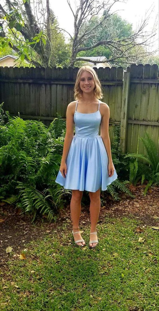 Blaues A-Linie Satin Homecoming Kleid, 8. Abschlusskleid Y4040