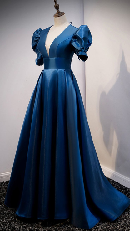 Blaues Satin langes Ballkleid blaues Abendkleid Y4966