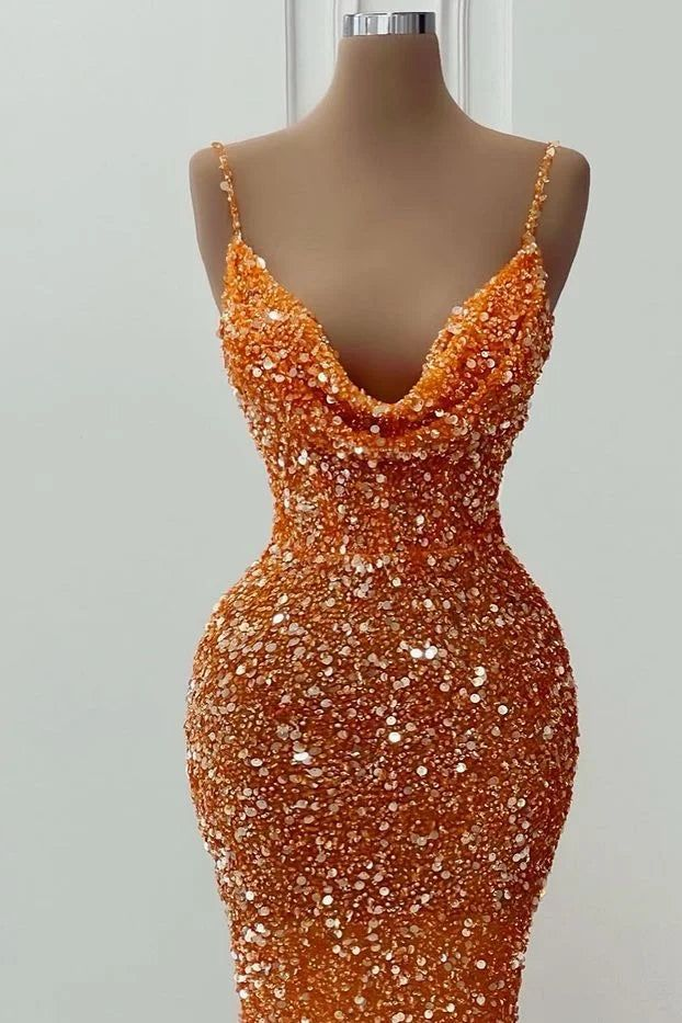 Spaghettiträger Glitzerndes Abendkleid Orange Glitzer Meerjungfrau Ballkleid Y6105