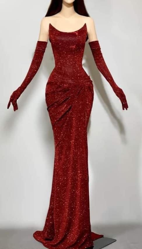 Vestido de noche estilo sirena rojo con lentejuelas y encantador vestido de fiesta formal con guantes Y7800