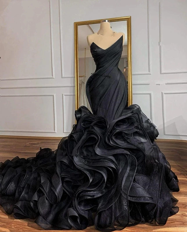 Damen Meerjungfrau Brautkleid Gothic Organza Korsett Kaskadierende Rüschen Rücken Schleppe Brautkleid Y988