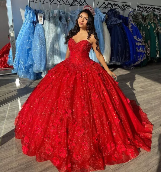 Beautiful Red Sequins Appliques Ball Gown .Strapless A Line Prom Dress Y8213