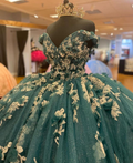Vestidos de quinceañera verde oscuro con hombros descubiertos, estilo princesa, con flores, Y4432