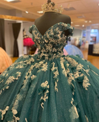 Vestidos de quinceañera verde oscuro con hombros descubiertos, estilo princesa, con flores, Y4432