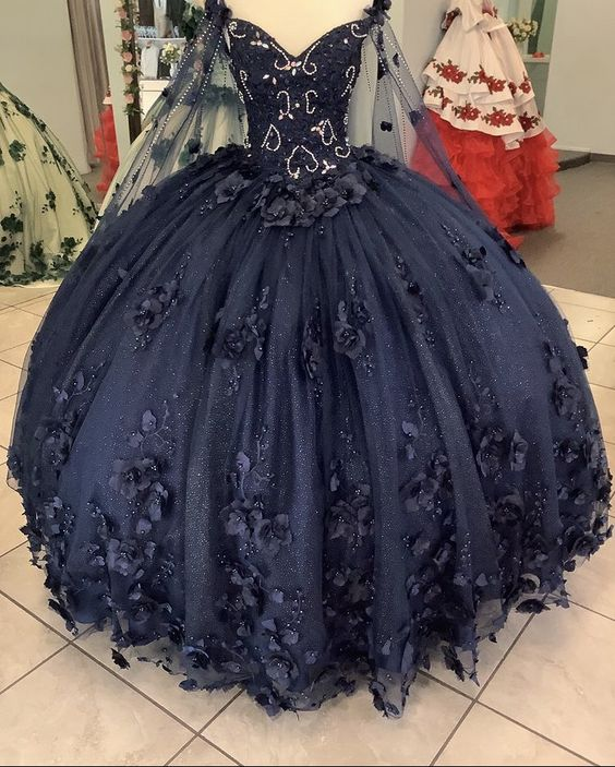 Damen Marineblau Quinceanera Kleider Applikationen Perlen Kleider 3D Blumen Ballkleid, Y2480