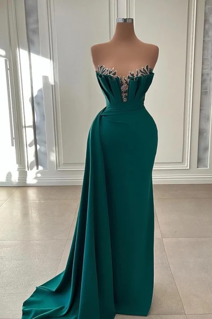 Elegante vestido de fiesta largo de sirena sin tirantes verde oscuro Y1920
