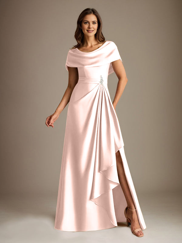 Vestido de madre de la novia de satén elástico, corte A, largo hasta el suelo, con escote redondo y volantes en cascada