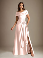 Vestido de madre de la novia de satén elástico, corte A, largo hasta el suelo, con escote redondo y volantes en cascada