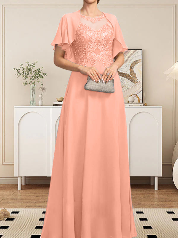 Vestido de gasa con encaje y lentejuelas para madre de la novia, corte A, escote ilusión, largo hasta el suelo
