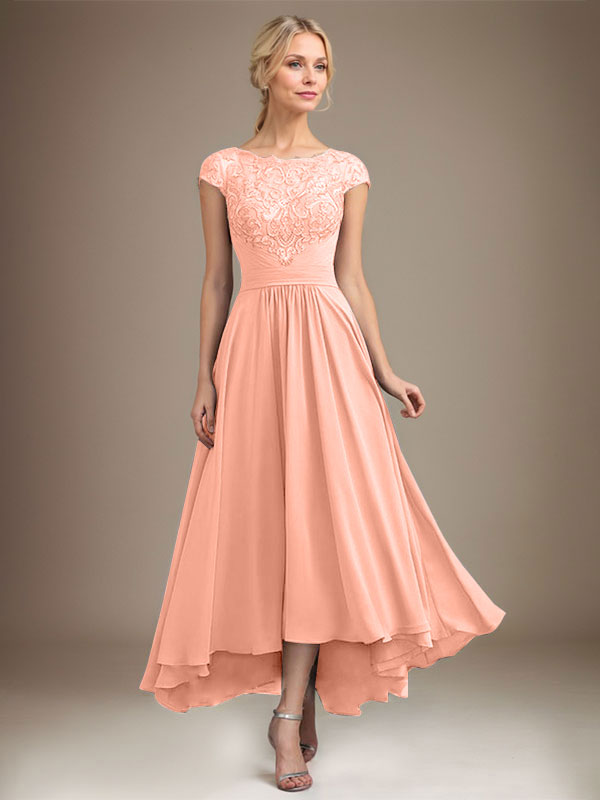 A-line Scoop Illusion Asymmetrical Lace Chiffon Mother of the Bride Dress With Pleated
