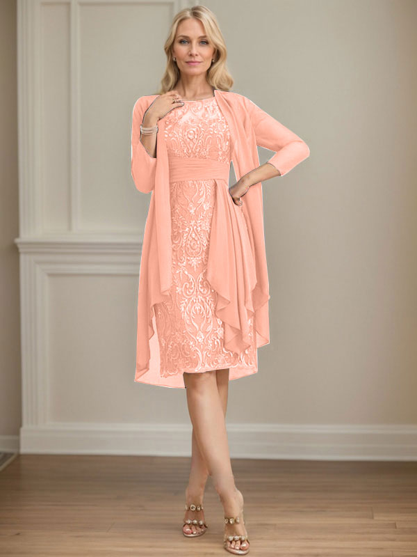 Vestido de madre de la novia de gasa con encaje, escote redondo, ilusión, largo hasta la rodilla, con volantes en cascada y lentejuelas