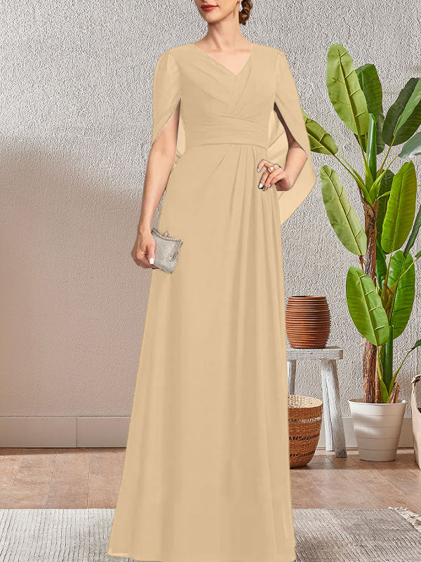 Vestido largo azul marino oscuro con escote en V y corte A para madre de la novia