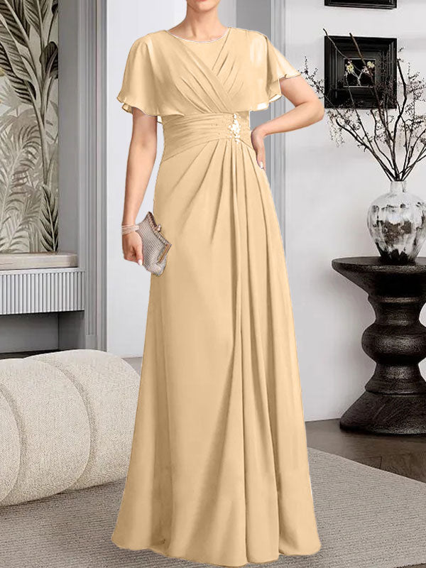 Vestido de gasa para madre de la novia con corte en A, escote redondo y largo hasta el suelo, con cuentas plisadas
