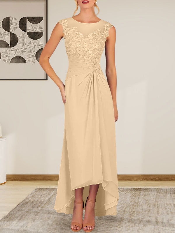 Vestido de gasa con encaje y escote redondo en forma de A color champán