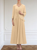 Vestido de gasa para madre de la novia, corte A, escote en V, largo hasta los tobillos, con apliques de lentejuelas, encaje y cuentas