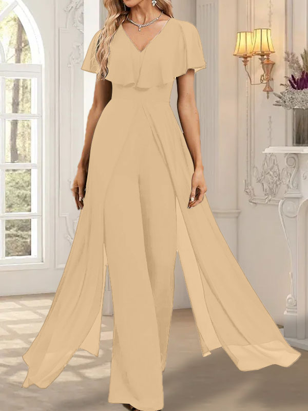 Vestido de noche de gasa con escote en V y largo hasta el suelo, tipo mono/pantalón