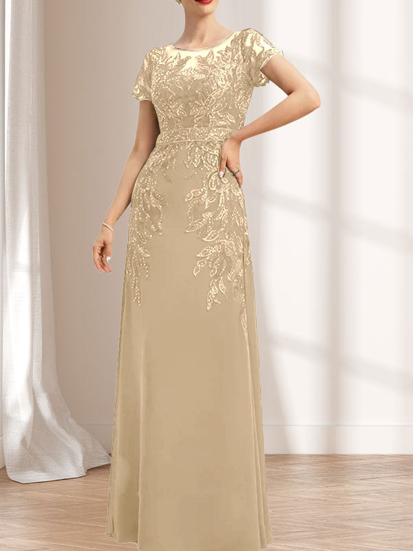 Vestido de madre de la novia de gasa con encaje, escote redondo, ilusión, largo hasta el suelo, con lentejuelas