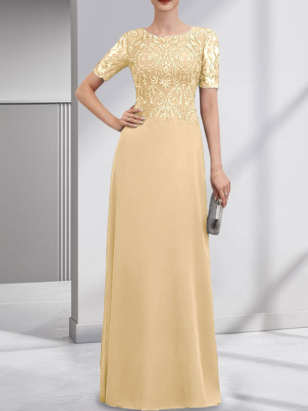 Vestido de gasa con encaje y lentejuelas para madre de la novia, corte A, largo hasta el suelo