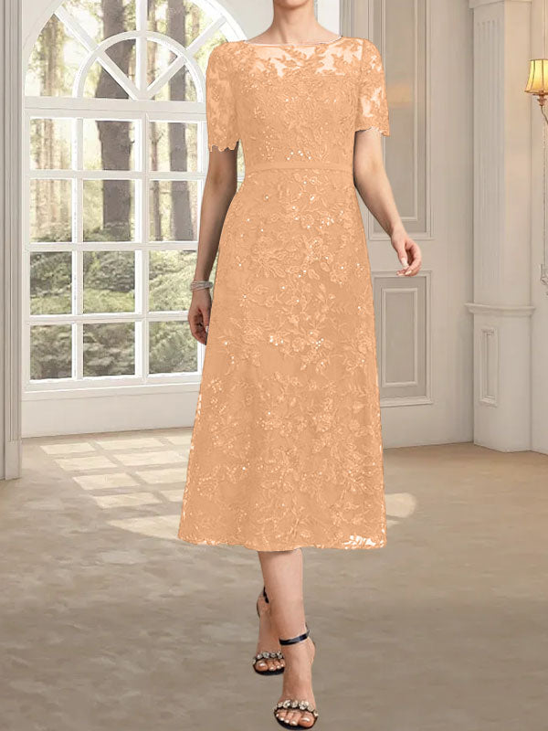 Vestido de madre de la novia de encaje con lentejuelas, corte A, escote ilusión y largo hasta la rodilla