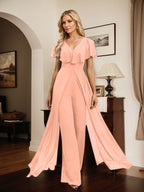 Vestido de noche de gasa con escote en V y largo hasta el suelo, tipo mono/pantalón