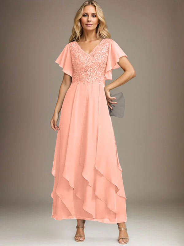 Vestido de gasa con encaje y escote en V hasta los tobillos para madre de la novia con volantes en cascada