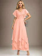 Vestido de gasa con encaje y escote en V hasta los tobillos para madre de la novia con volantes en cascada