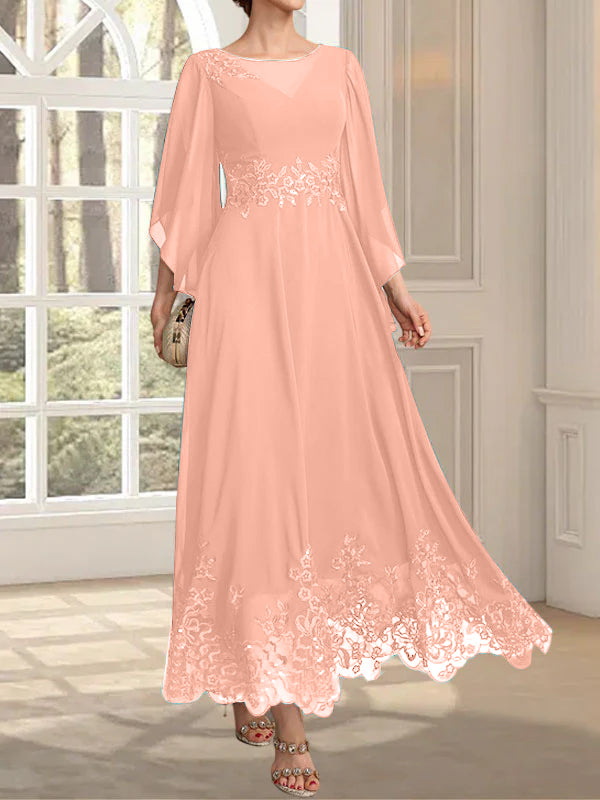 Vestido de gasa con encaje y lentejuelas para madre de la novia, corte A, escote ilusión, largo hasta los tobillos