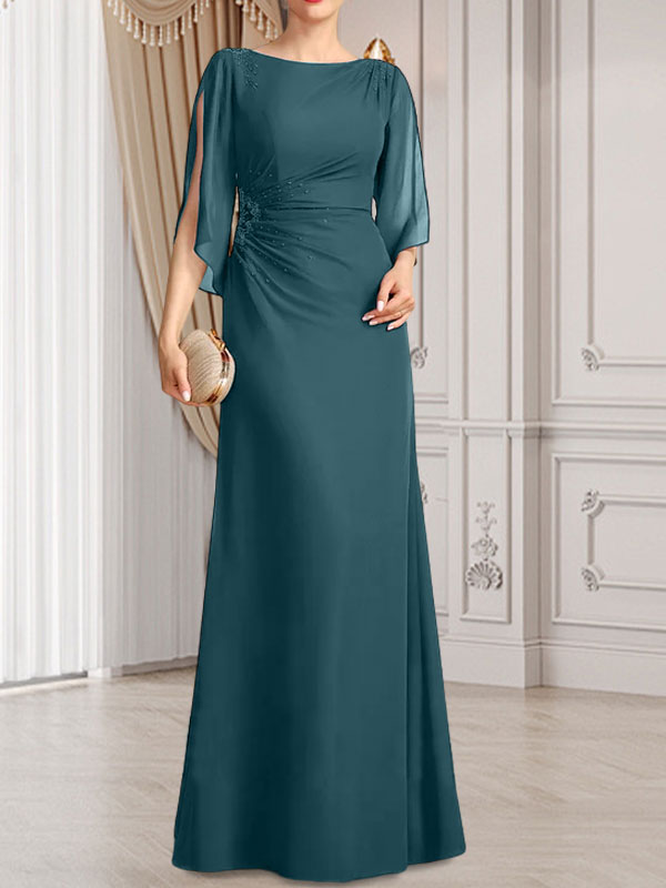 Vestido de gasa para madre de la novia con corte tubo/columna, escote redondo y largo hasta el suelo, con cuentas plisadas